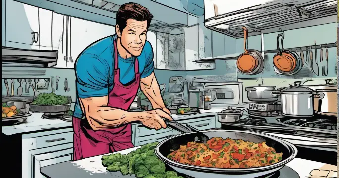 A comic book cover featuring Mark Wahlberg cooking in a kitchen, cooking nutrient dense foods