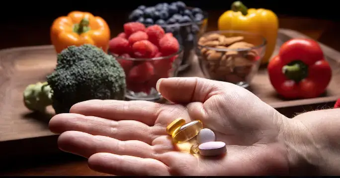 A person holds omega 3 pills alongside an assortment of fruits and vegetables, representing Mark Wahlberg's Nutrients for fitness support.