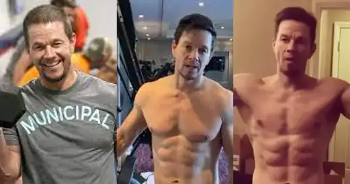 Three images of Mark Wahlberg, highlighting his muscular build; one shows him shirtless, while the other features him in a shirt.