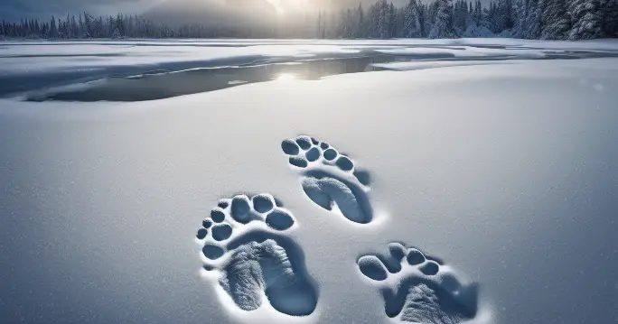 Snow-covered ground with distinct footprints, hinting at the mysterious presence of Bigfoot in Alaska's vast wilderness