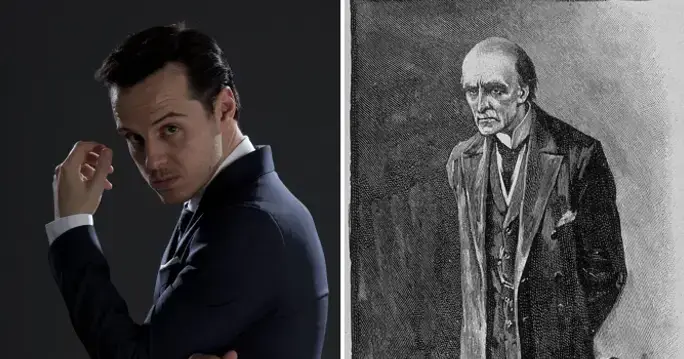 2 pic collage original drawing of Professor Moriarty and Andrew Scott's portrayal of Moriarty for the BBC's Sherlock