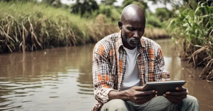 African tribal man reading the Amazon kindle