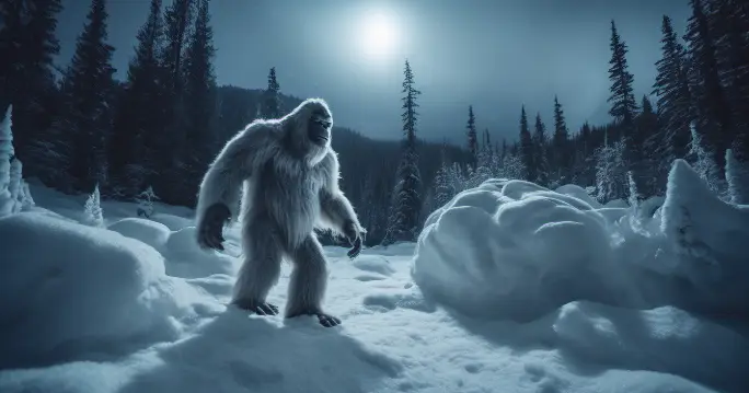 A yeti moves through the snowy landscape under the night sky, capturing the mystery of the Alaskan Bigfoot