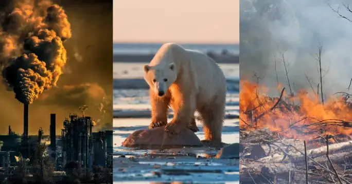 3 pick collage representing climate change in the struggle for survival in 2024