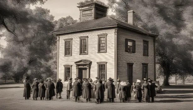 A historic photograph of an old house, associated with the Witch Trial of Elspeth Cuninghame, captured by James Nichols.