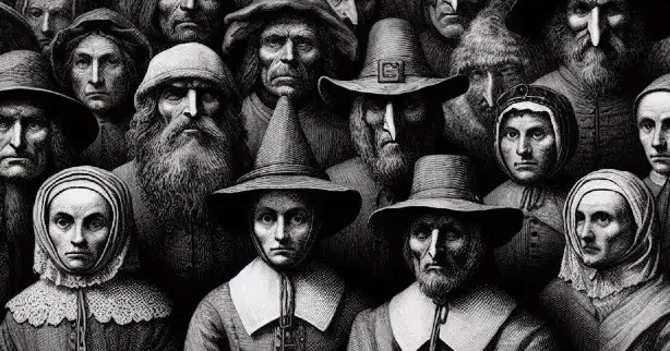 A diverse group of people in distinctive hats, symbolizing the era of The Witch Trial of Elspeth Cuninghame.