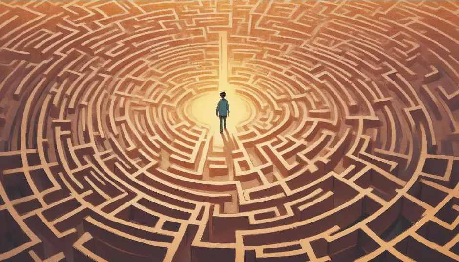 Image of a man facing a maze with a guiding light at the end, representing the journey towards mental health recovery.