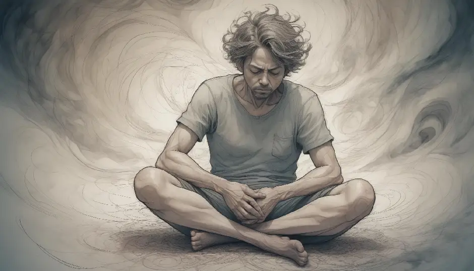 A man in crisis sitting on the ground with folded hands, reflecting on mental health.