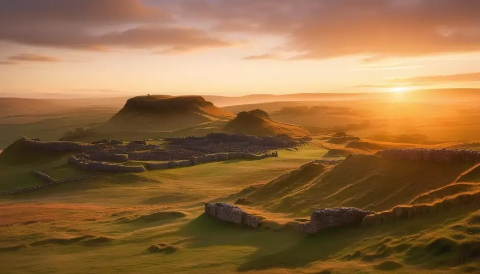 Roman Emperor Hadrians wall feature images with sun rays