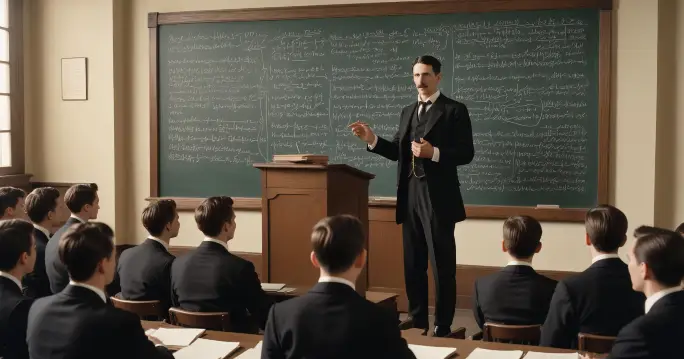 Nikola Tesla in a class room give a lecture 