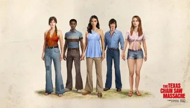 Five figures in 70s attire, promoting "The Texas Chain Saw Massacre game"