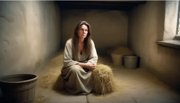 A woman seated in a room filled with hay, reflecting the atmosphere of 'The Witch Trial of Elspeth Cunninghame