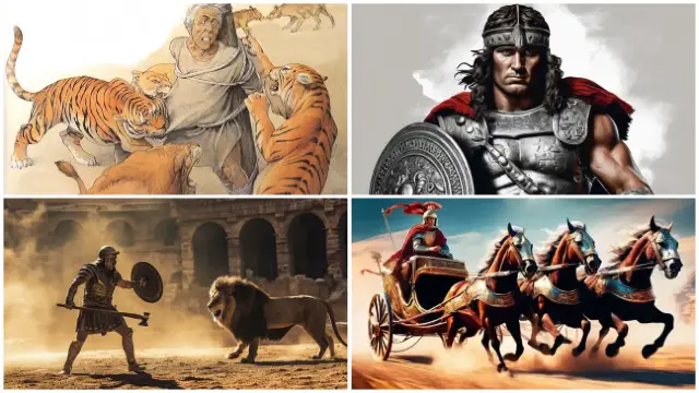 4 picture collage of most popular form of entertainment in ancient Rome