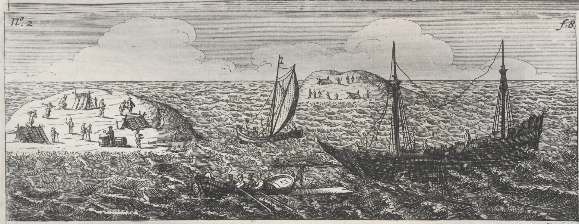 Pencil drawn image of the batavia ship wreck with stranded sailors