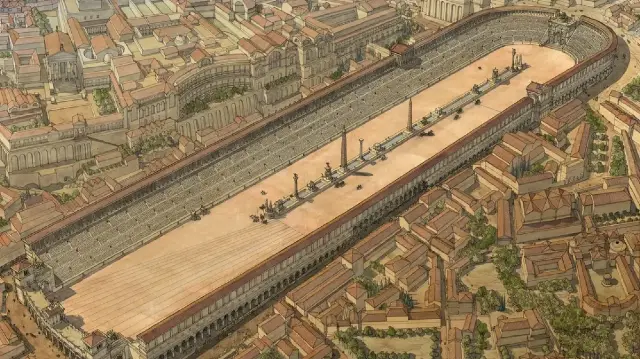 Aerial view of Circus Maximus in Rome, showcasing its reconstructed stadium and surrounding landscape.