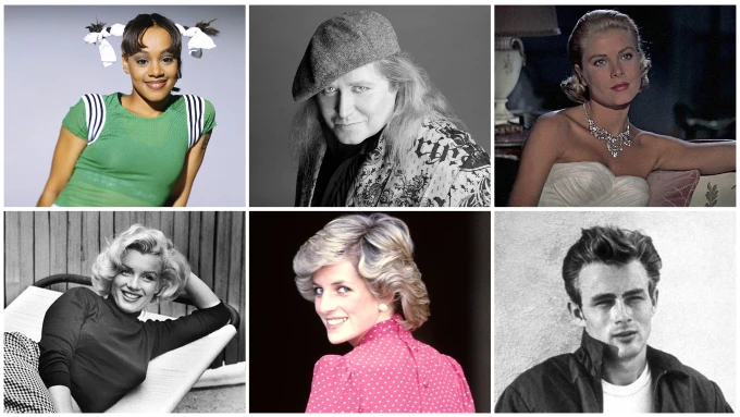 A portrait collage including Grace Kelly, Sam Kinison, Jane Mansfield, Princess Diana, James Dean, Lisa Left eye Lopes