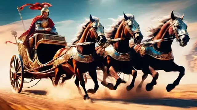 A charioteer drives a chariot drawn by three horses, competing in the intense chariot races of Circus Maximus.