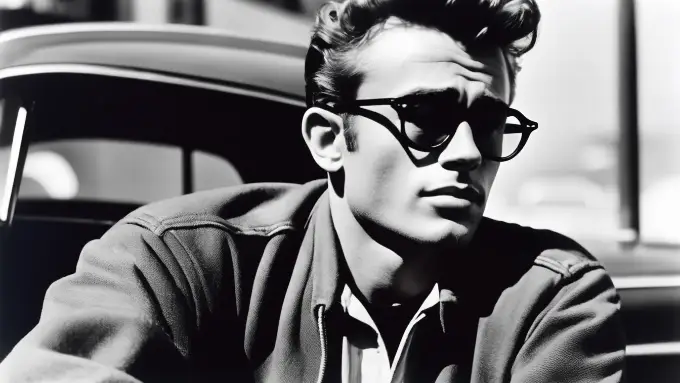 Black and white photograph of James Dean, stylishly donning sunglasses, capturing an iconic moment in cinematic history.