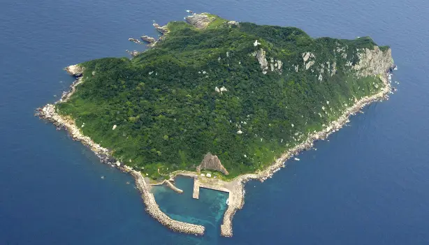 An aerial image of Okinoshima Island on the coast of Japan