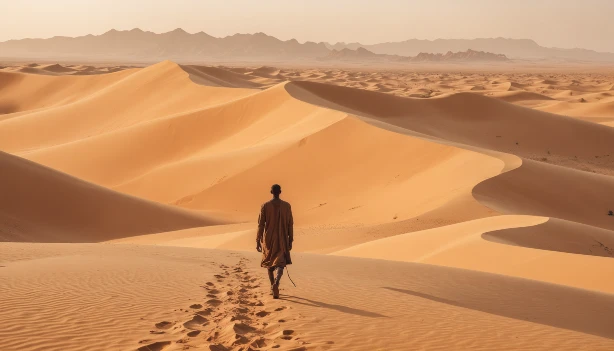 A man strides across the sandy terrain of the Sahara Desert, reflecting the concepts of the Sahara Pump Theory in his journey.