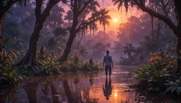 At sunset, a man stands in the river, illustrating the principles of the Sahara Pump Theory amidst a tranquil landscape.