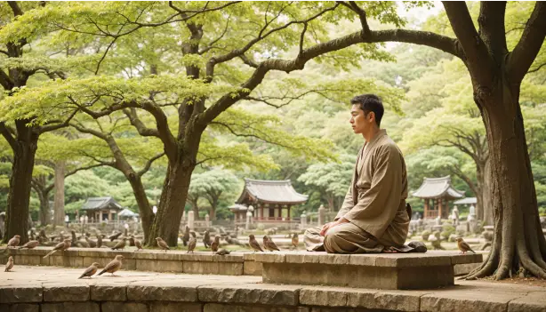 Shinto Priest meditating at Munakata Taisha Okitsu Shrine 