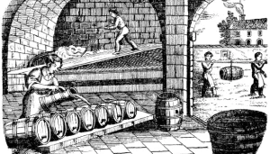 An old illustration depicting a man in a beer cellar, reflecting historical safety concerns post-1814 disaster.