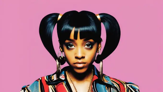  A woman with black hair stands against a vibrant pink background, reminiscent of Lisa Lefteye Lopes's iconic style.