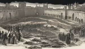 A drawing showcasing a medieval gathering of people, set against the backdrop of the Black Death's devastating impact.