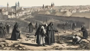 A medieval scene showing figures in period clothing standing in a city, capturing the essence of the Black Death era.