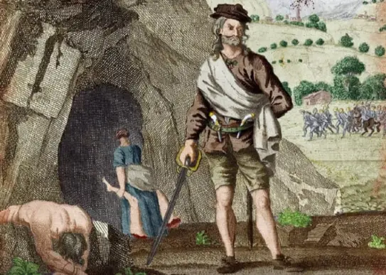 A painting depicting Sawney Bean, a man, standing before the entrance of a dark cave, evoking a sense of mystery.