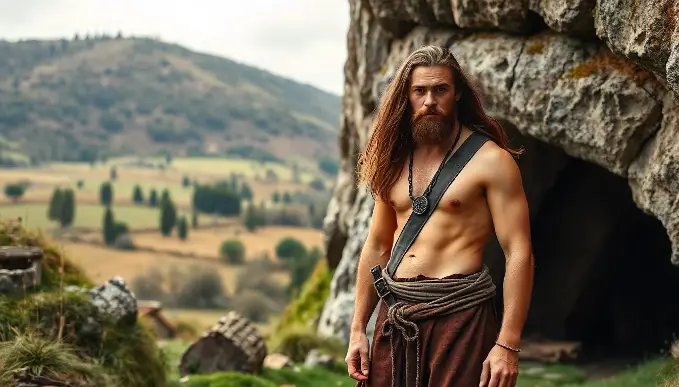 A bearded man with long hair stands at the entrance of a cave, symbolizing the notorious Sawney Bean Cannibal Clan of Scotland.